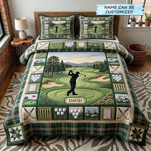 Swing Life 3-Piece Quilted Bedding Set QTCUZ - Design 16 quilted 3-piece bedding set on a made bed with two matching pillow shams