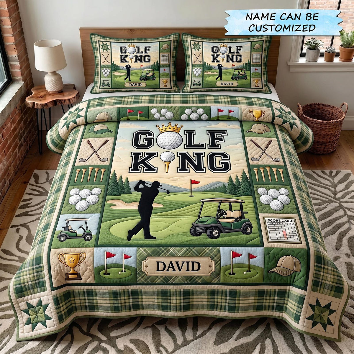 Swing Life 3-Piece Quilted Bedding Set QTCUZ - Design 17 quilted 3-piece bedding set on a made bed with two matching pillow shams