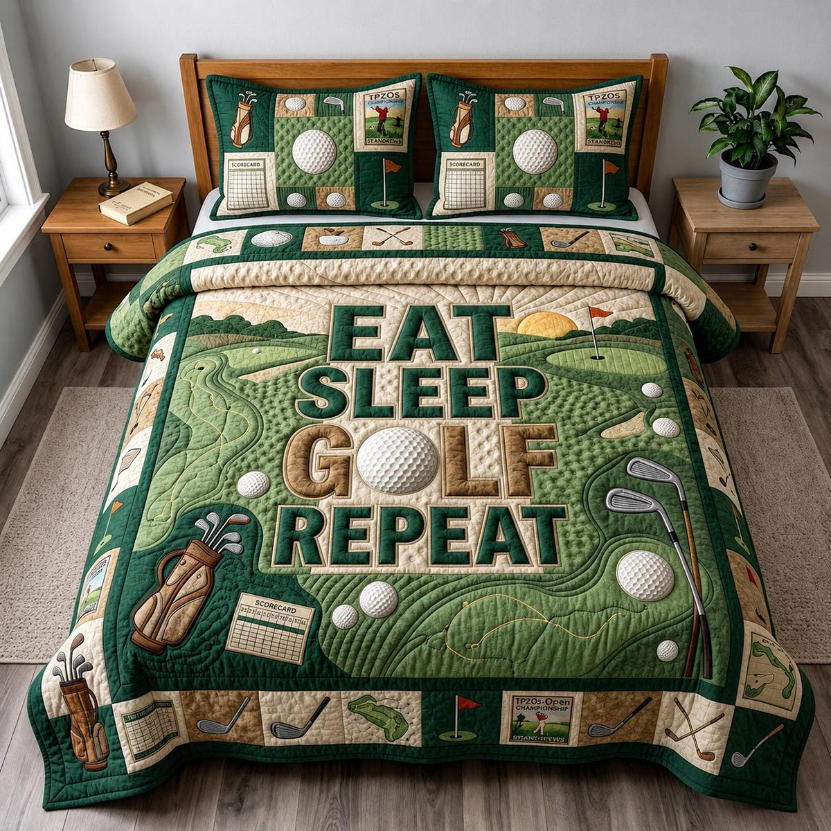 Swing Life quilted 3-piece bedding set on a made bed with two matching pillow shams