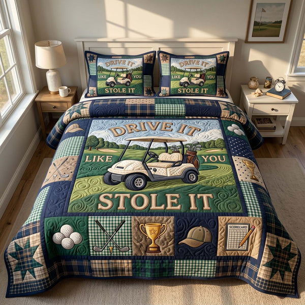 Swing Life quilted 3-piece bedding set on a made bed with two matching pillow shams