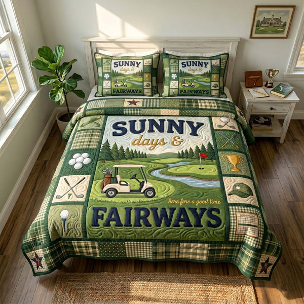 Swing Life quilted 3-piece bedding set on a made bed with two matching pillow shams