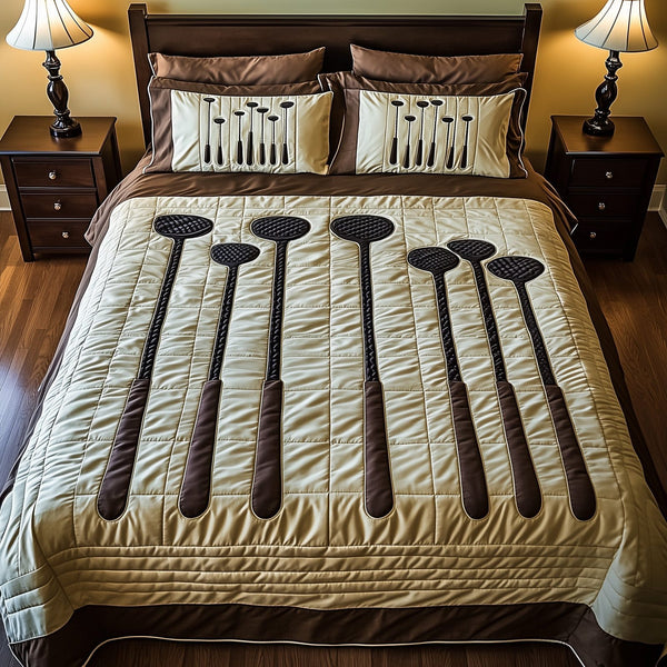 Swing Soulmates quilted 3-piece bedding set on a made bed with two matching pillow shams