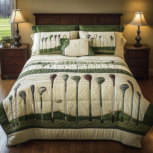Swing Soulmates quilted 3-piece bedding set on a made bed with two matching pillow shams