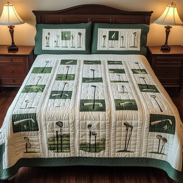Swing Soulmates quilted 3-piece bedding set on a made bed with two matching pillow shams