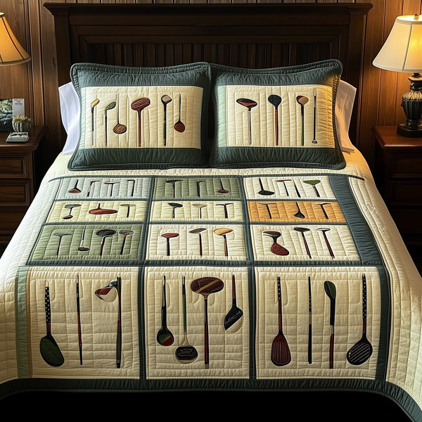 Swing Soulmates quilted 3-piece bedding set on a made bed with two matching pillow shams