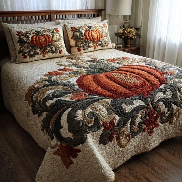 Swirl Pumpkin quilted 3-piece bedding set on a made bed against a dark styled interior