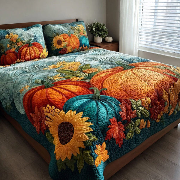Swirling Harvest quilted 3-piece bedding set on a made bed with two matching pillow shams
