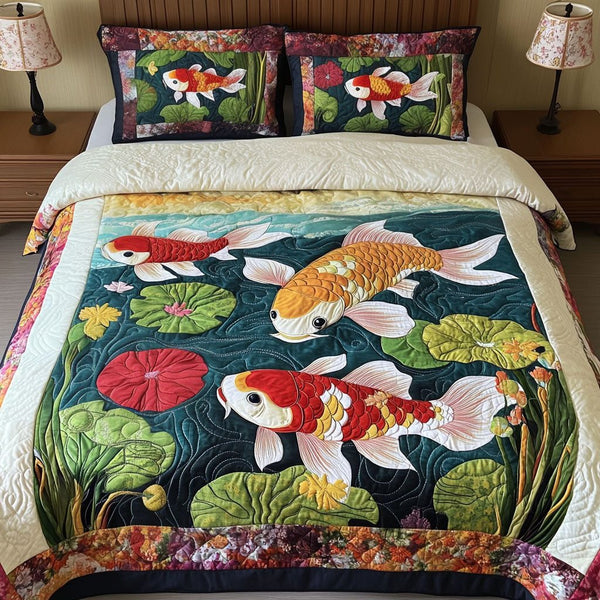 Swirling Koi quilted 3-piece bedding set on a made bed with two matching pillow shams