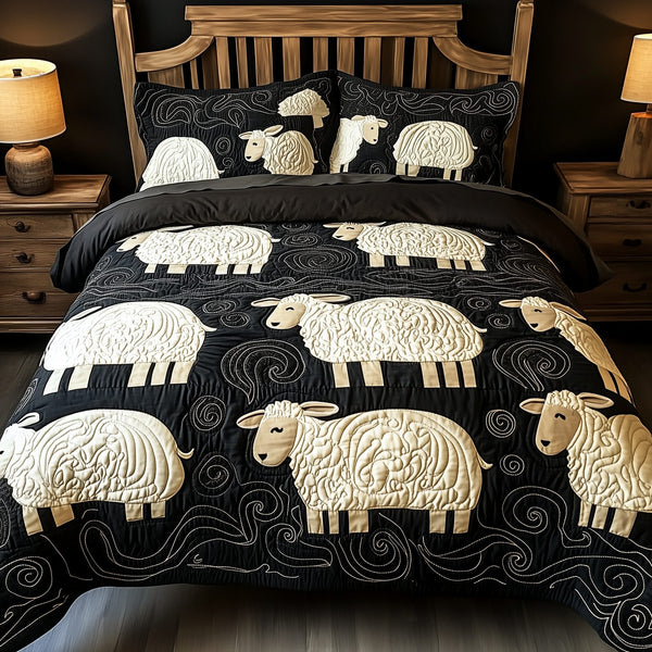 Swirls Sheep quilted 3-piece bedding set on a made bed with two matching pillow shams