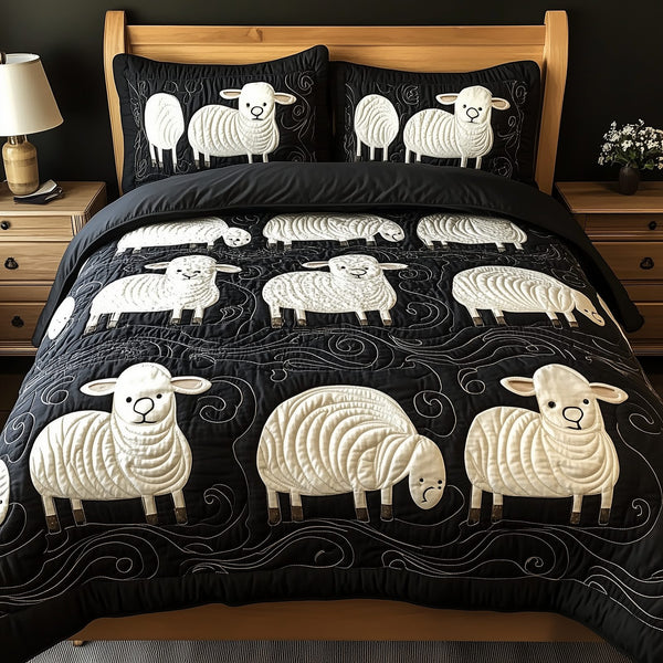 Swirls Sheep quilted 3-piece bedding set on a made bed with two matching pillow shams