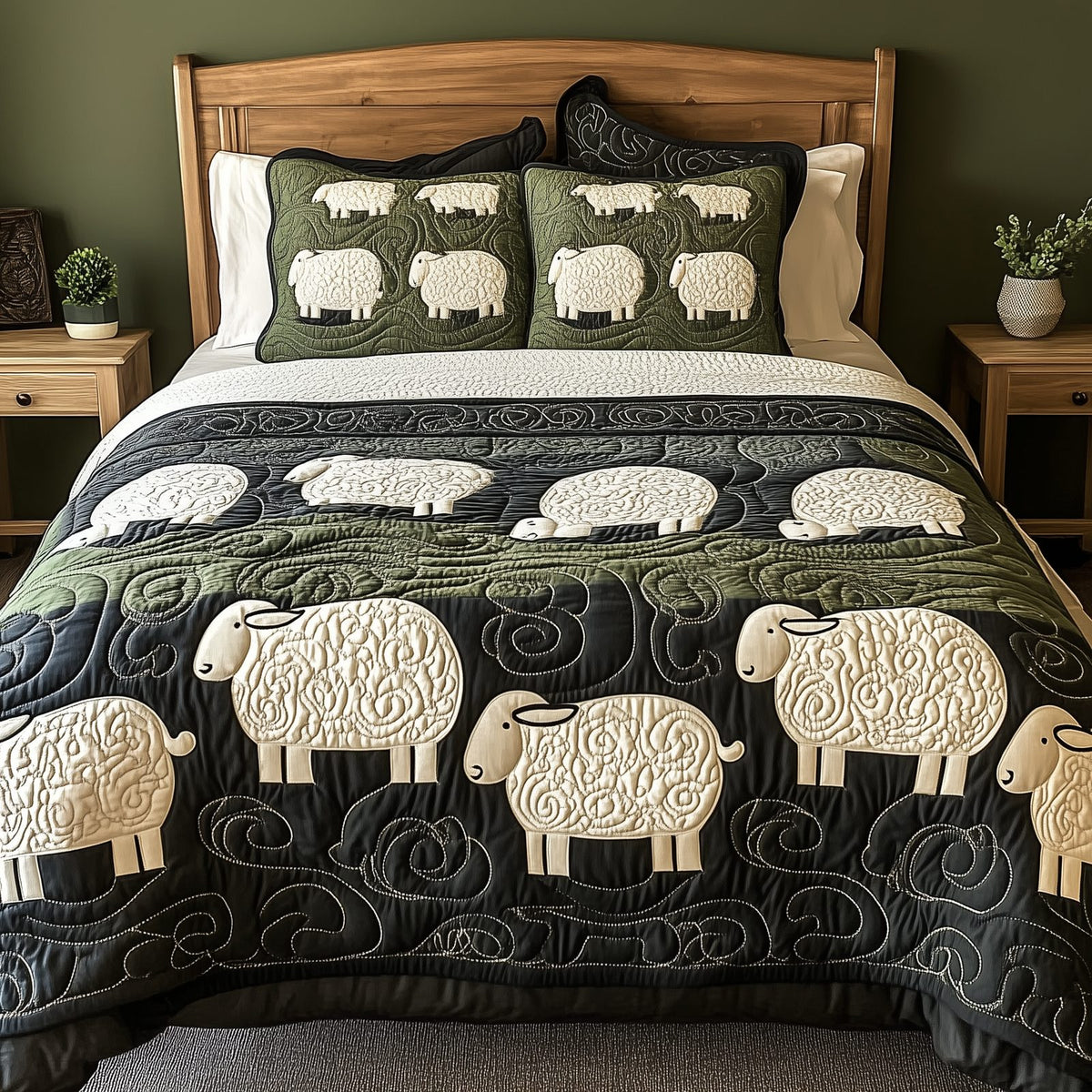 Swirls Sheep quilted 3-piece bedding set on a made bed with two matching pillow shams