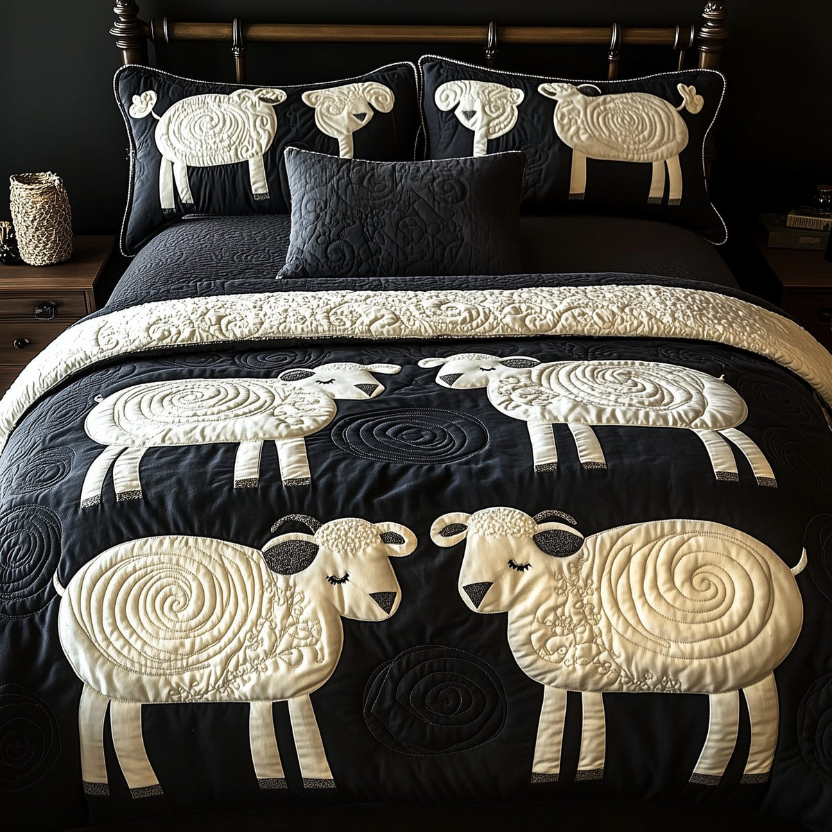 Swirls Sheep quilted 3-piece bedding set on a made bed with two matching pillow shams