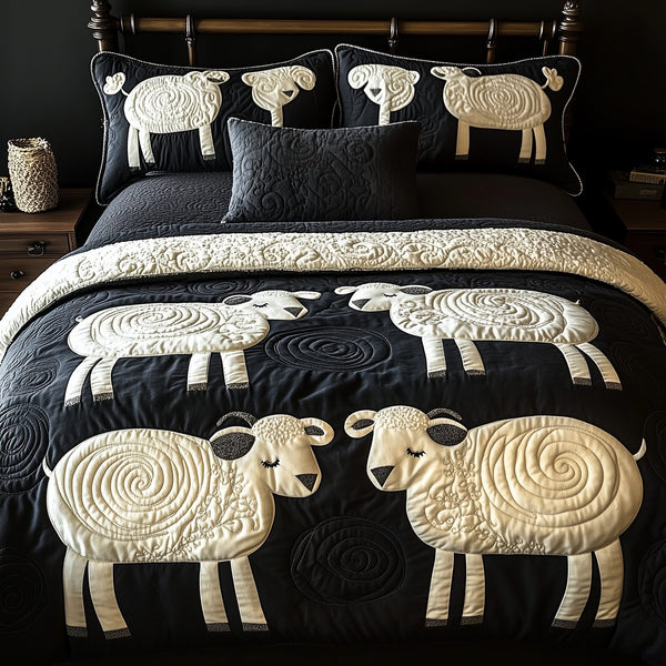 Swirls Sheep quilted 3-piece bedding set on a made bed with two matching pillow shams