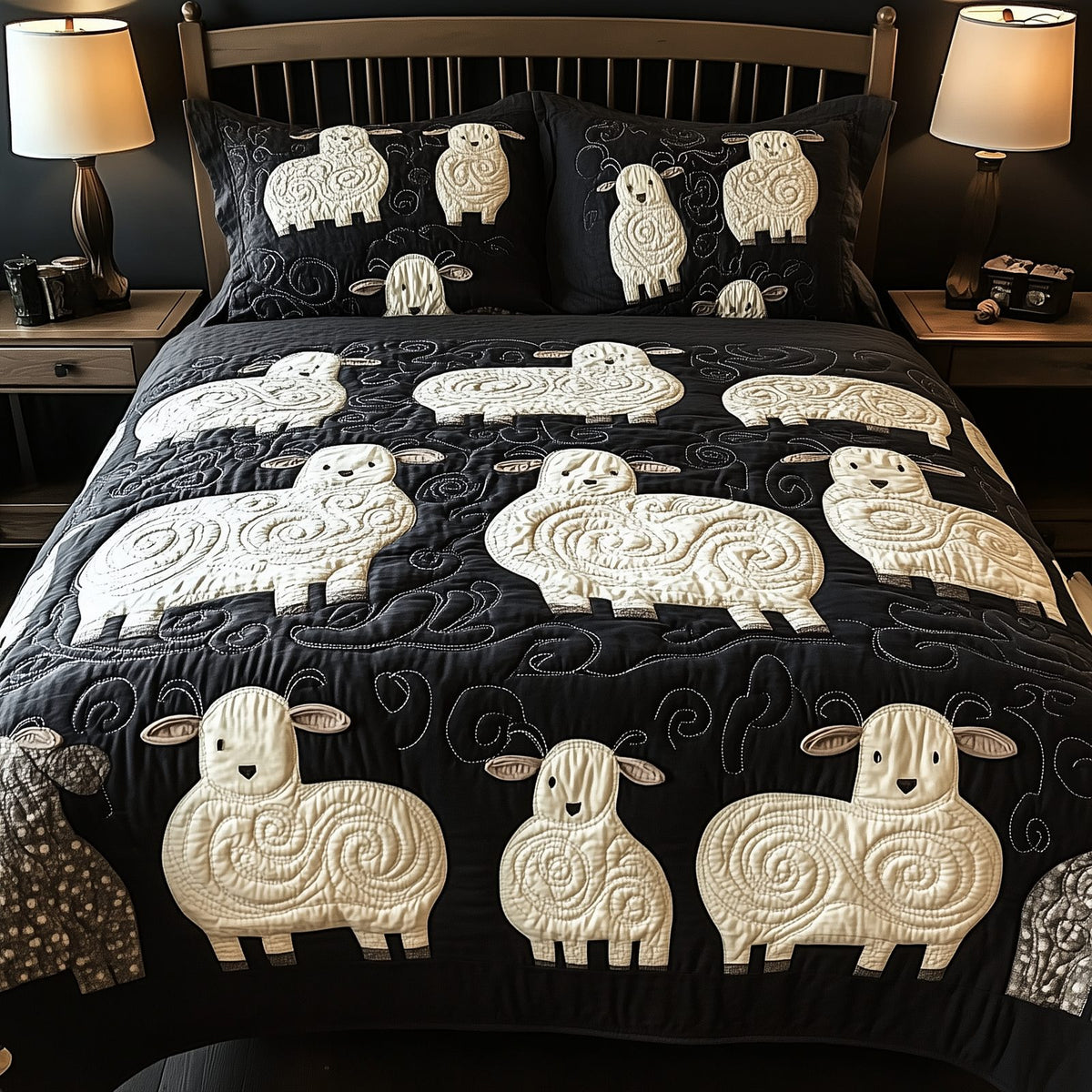 Swirls Sheep quilted 3-piece bedding set on a made bed with two matching pillow shams