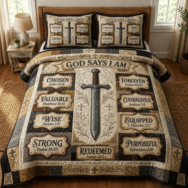 Sword Bible Verses quilted 3-piece bedding set on a made bed in a softly lit bedroom