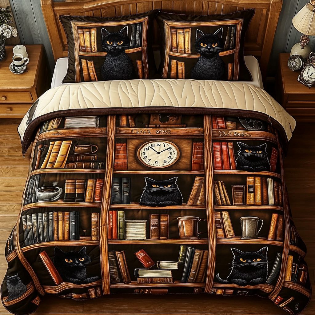 Tabby Tales quilted 3-piece bedding set on a made bed with two matching pillow shams