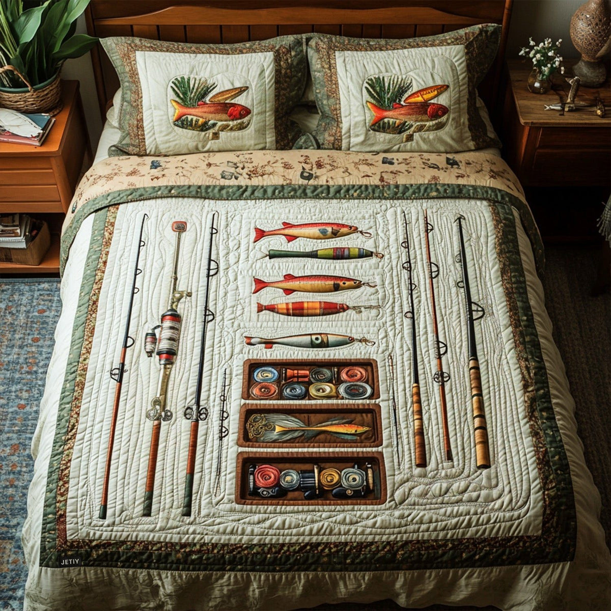 Tackle Box Delight quilted 3-piece bedding set on a made bed with two matching pillow shams