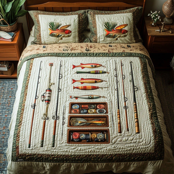 Tackle Box Delight quilted 3-piece bedding set on a made bed with two matching pillow shams