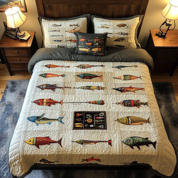 Tackle Box Dreams quilted 3-piece bedding set on a made bed with two matching pillow shams