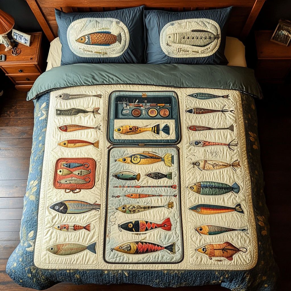 Tackle Box Treasures quilted 3-piece bedding set on a made bed with two matching pillow shams