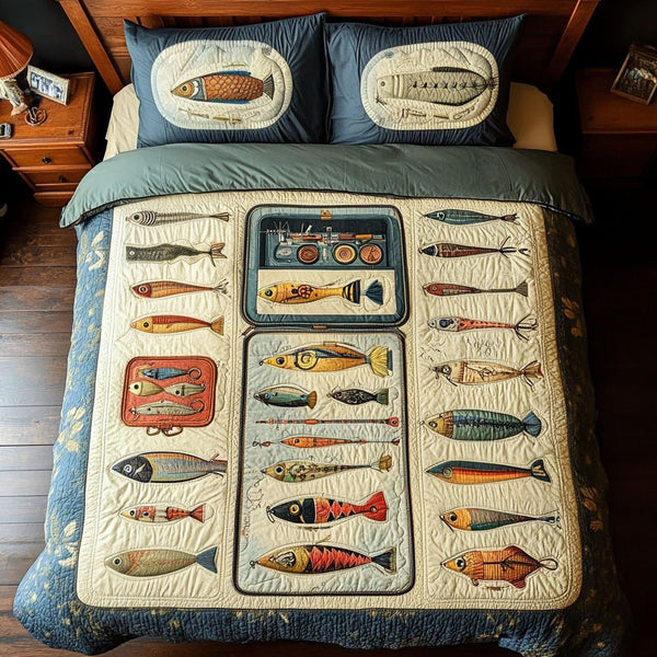 Tackle Box Treasures quilted 3-piece bedding set on a made bed with two matching pillow shams