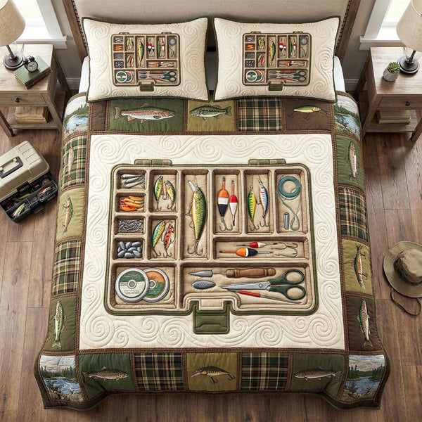 Tackle Haven quilted 3-piece bedding set on a made bed with two matching pillow shams