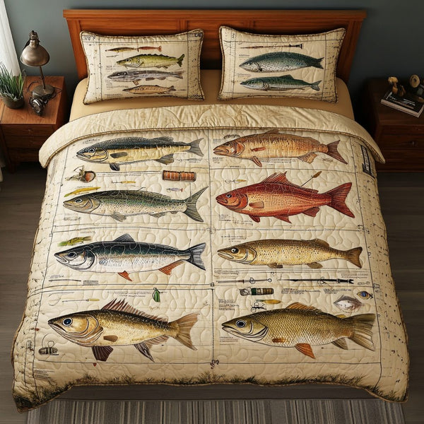 Tackle Time quilted 3-piece bedding set on a made bed with two matching pillow shams