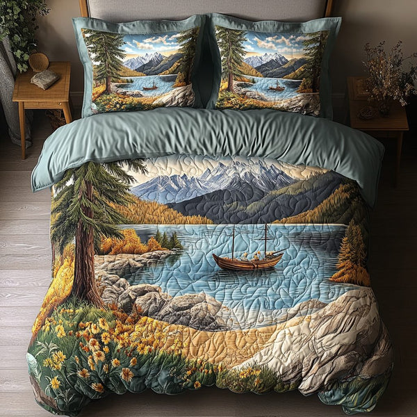 Tahoe Bliss quilted 3-piece bedding set on a made bed with two matching pillow shams