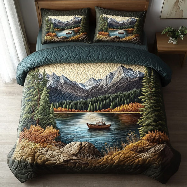Tahoe Peaceful Escape quilted 3-piece bedding set on a made bed with two matching pillow shams