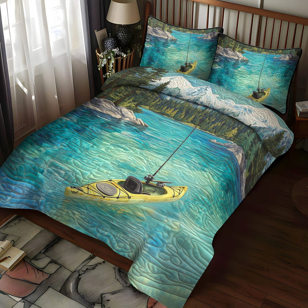 Tahoe Reflection quilted 3-piece bedding set on a made bed with two matching pillow shams