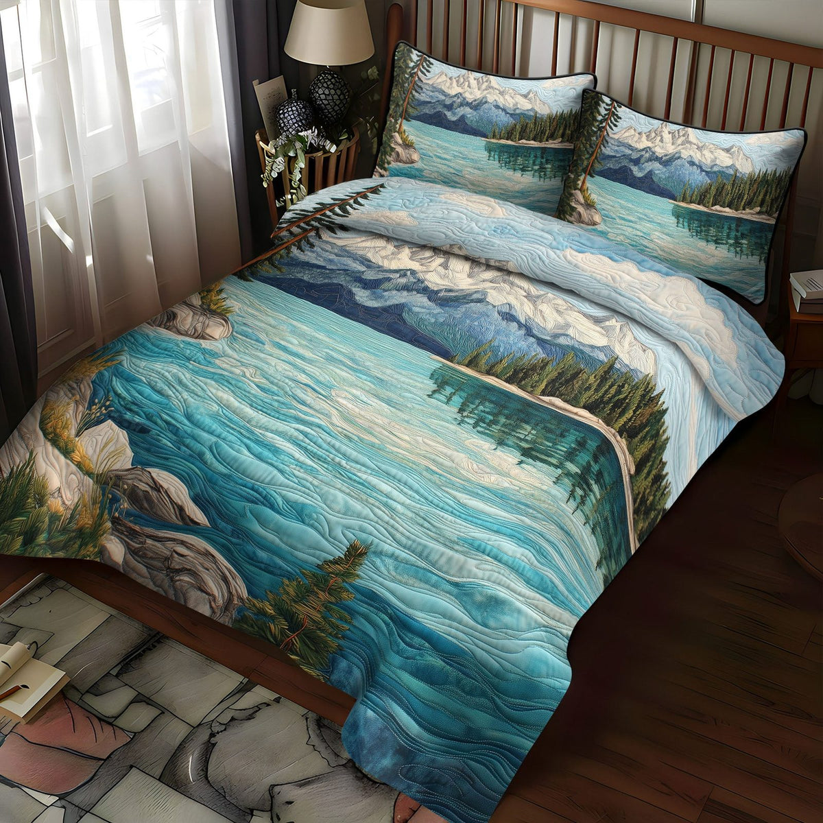 Tahoe Reflections quilted 3-piece bedding set on a made bed with two matching pillow shams