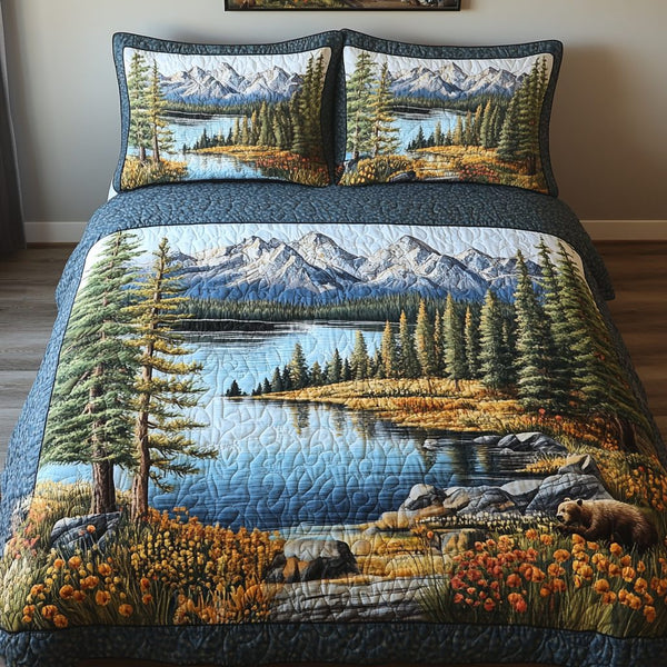 Tahoe Serenity quilted 3-piece bedding set on a made bed with two matching pillow shams
