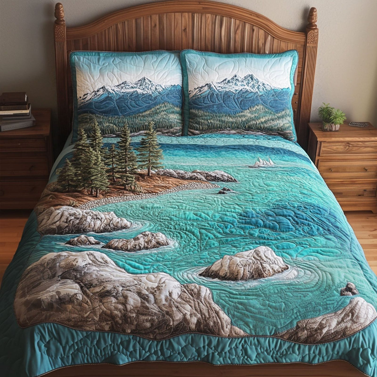 Tahoe Serenity quilted 3-piece bedding set on a made bed with two matching pillow shams