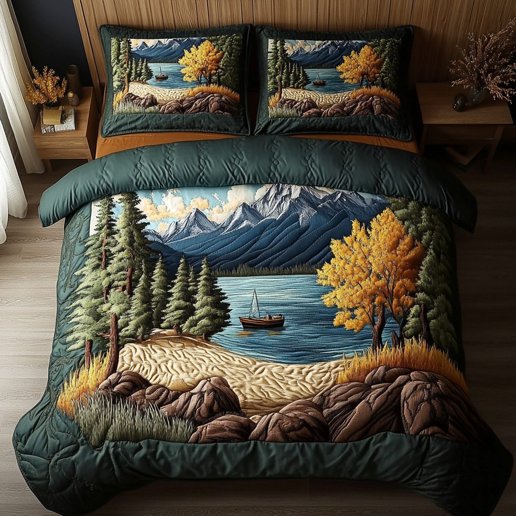 Tahoe Serenity quilted 3-piece bedding set on a made bed with two matching pillow shams