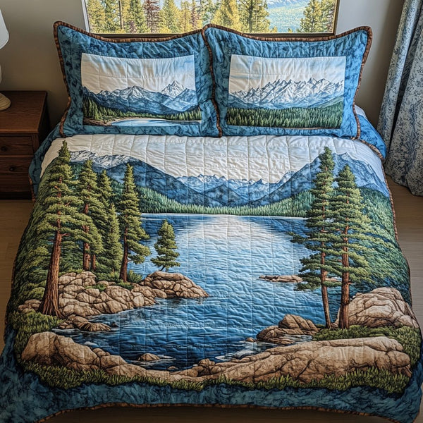 Tahoe Vibes quilted 3-piece bedding set on a made bed with two matching pillow shams