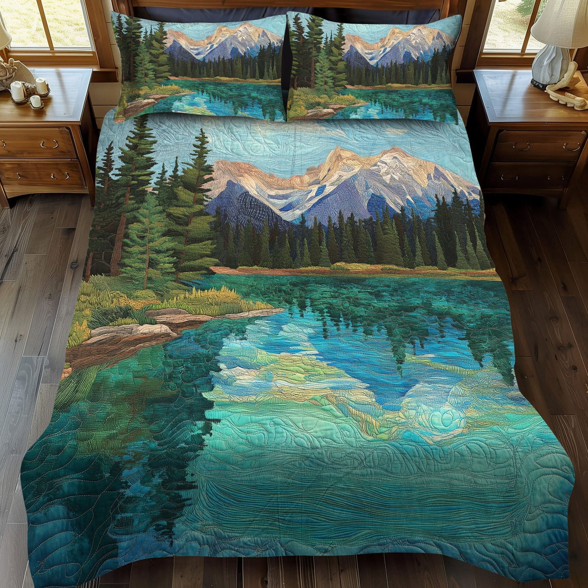 Tahoe Wilderness quilted 3-piece bedding set on a made bed with two matching pillow shams