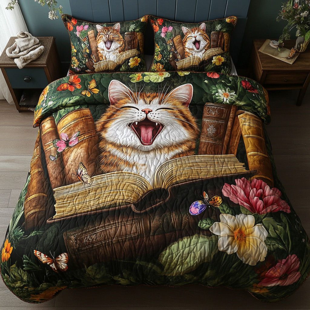 Tails and Tomes quilted 3-piece bedding set on a made bed with two matching pillow shams