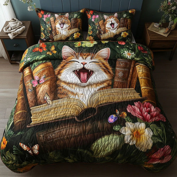 Tails and Tomes quilted 3-piece bedding set on a made bed with two matching pillow shams