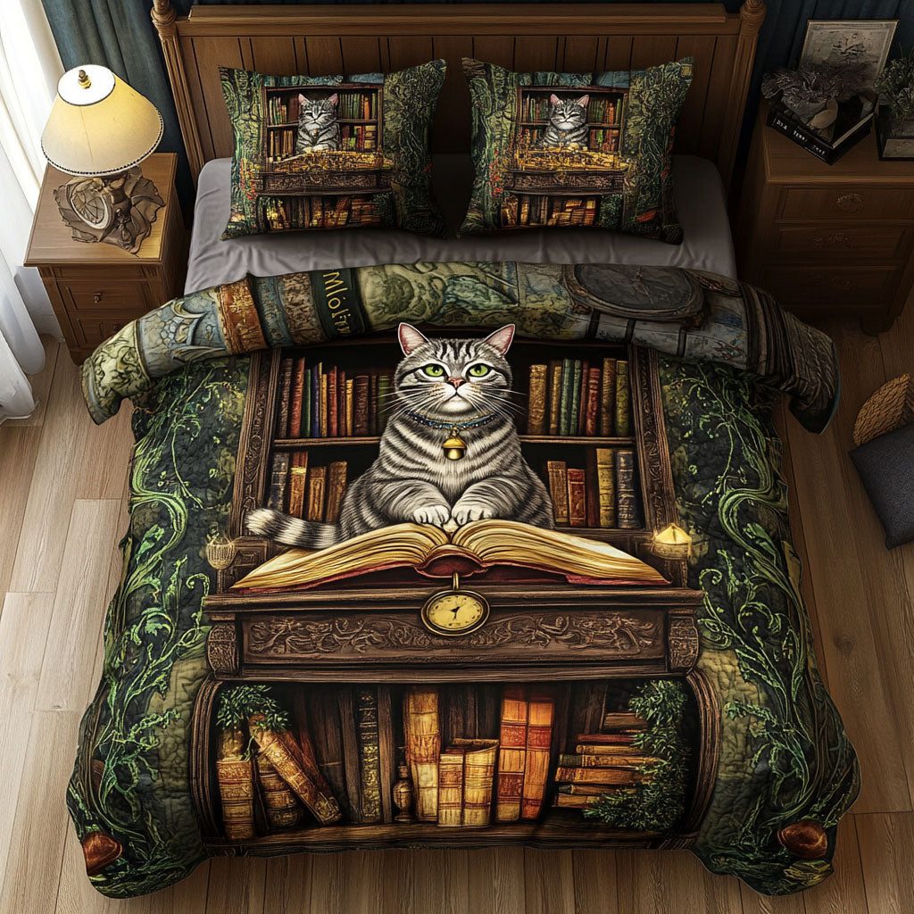 Tales and Tails quilted 3-piece bedding set on a made bed with two matching pillow shams