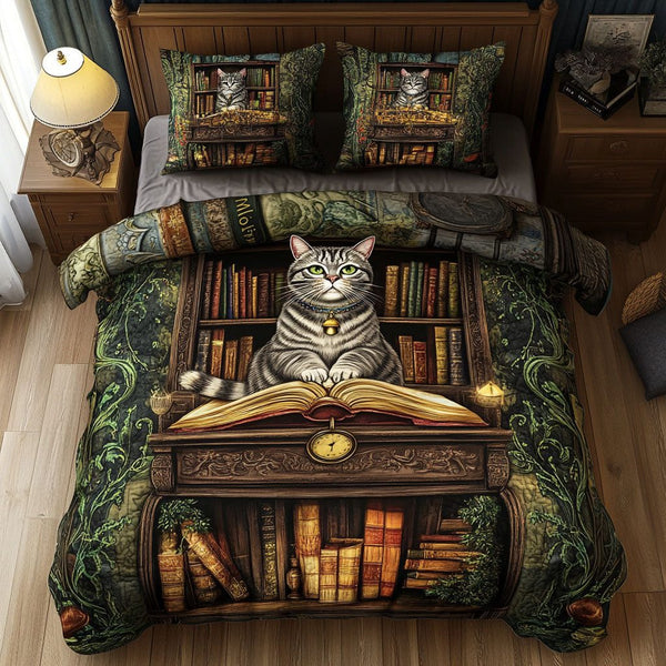 Tales and Tails quilted 3-piece bedding set on a made bed with two matching pillow shams