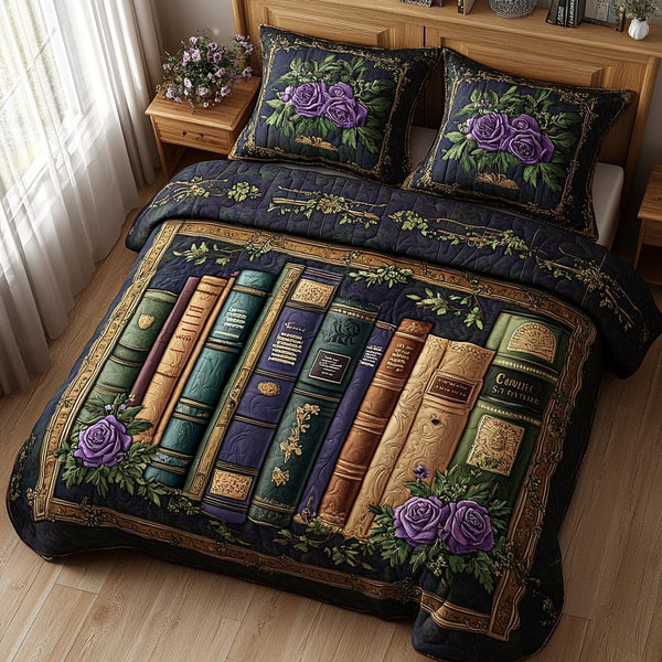 Tales and Textiles quilted 3-piece bedding set on a made bed with two matching pillow shams