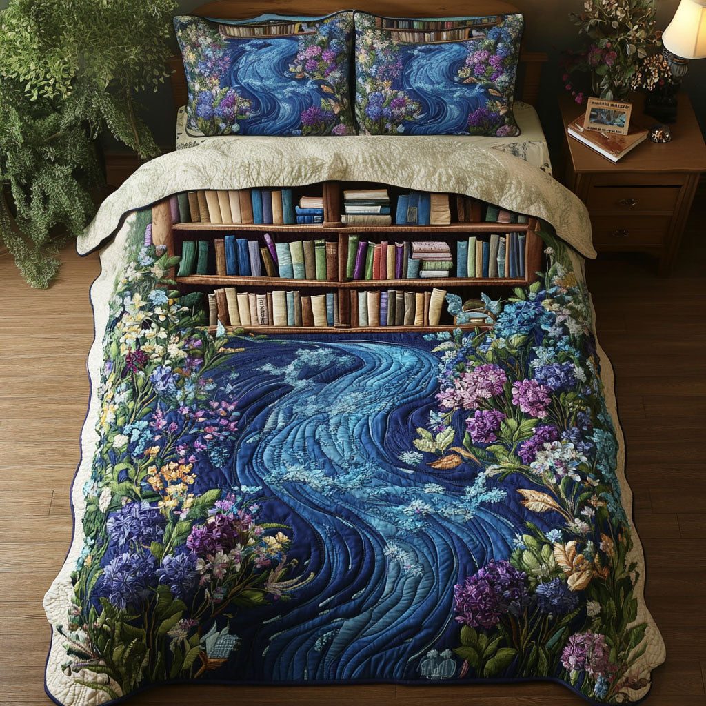 Tales by the Water quilted 3-piece bedding set on a made bed with two matching pillow shams