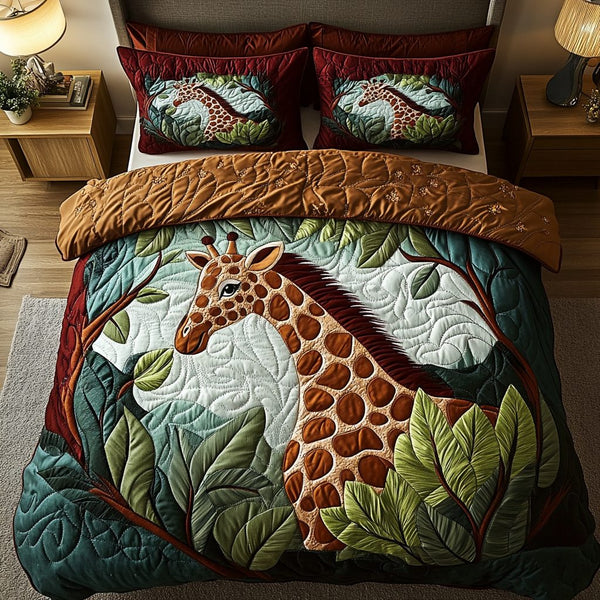 Tall And Majestic quilted 3-piece bedding set on a made bed with two matching pillow shams
