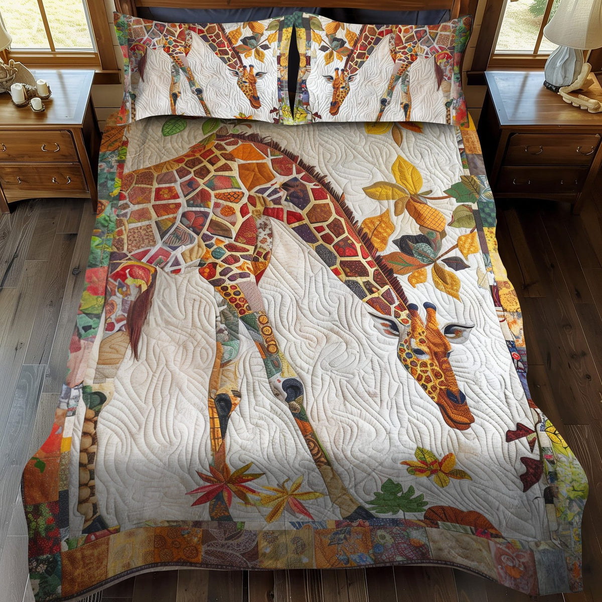 Tall Tales quilted 3-piece bedding set on a made bed with two matching pillow shams