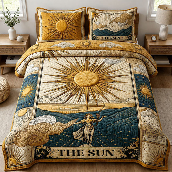Tarot Card The Sun quilted 3-piece bedding set on a made bed with two matching pillow shams