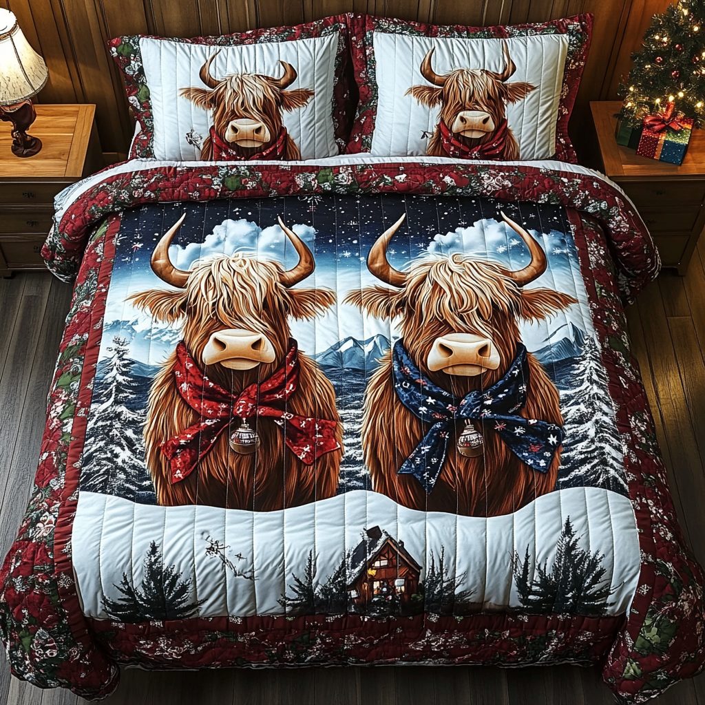 Tartan Cow Haven quilted 3-piece bedding set on a made bed with two matching pillow shams