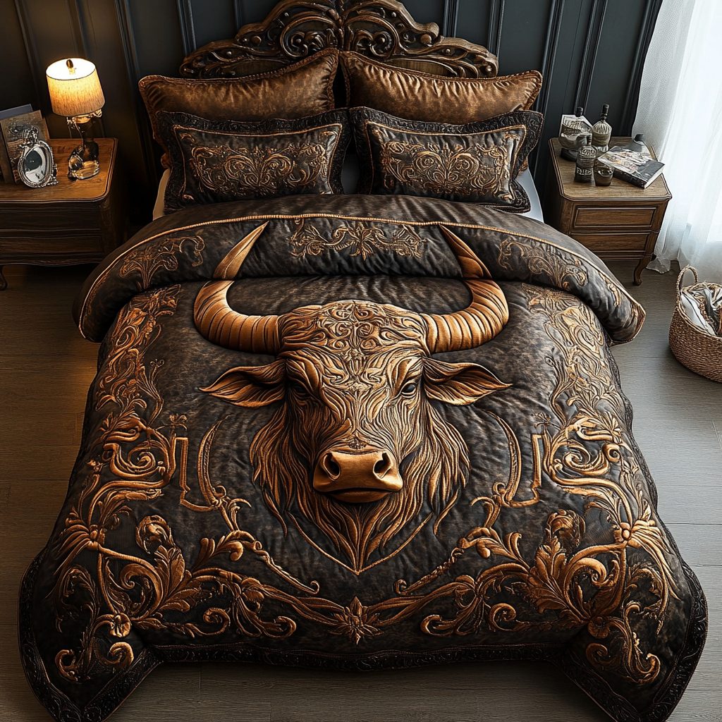 Taurus quilted 3-piece bedding set on a made bed with two matching pillow shams