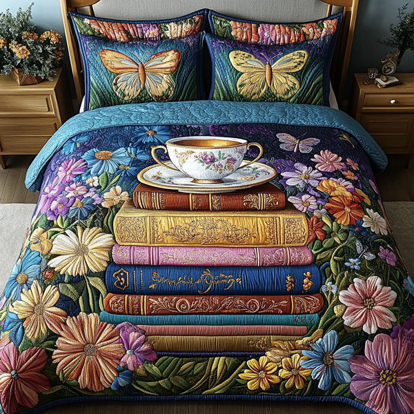 Tea and Book Retreat quilted 3-piece bedding set on a made bed with two matching pillow shams