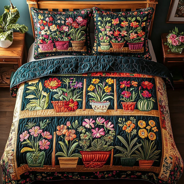 Tea Blossom quilted 3-piece bedding set on a made bed with two matching pillow shams