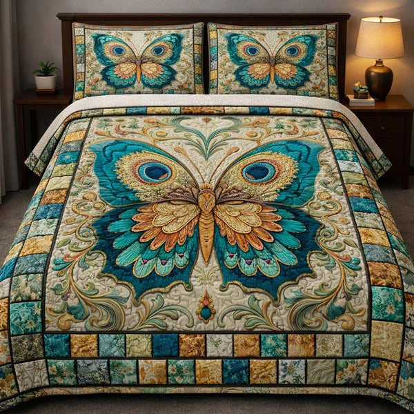 Teal Butterfly Symphony quilted 3-piece bedding set on a made bed with two matching pillow shams